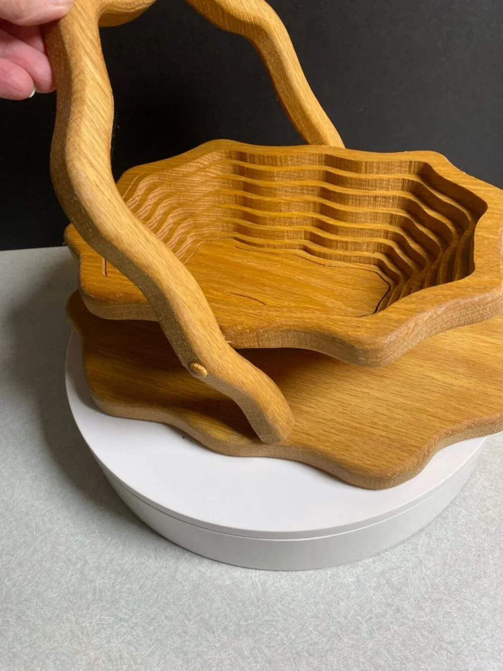 Handcrafted Wood Collapsible Basket Bowl – Sculptural Bentwood Handle, Folk Art